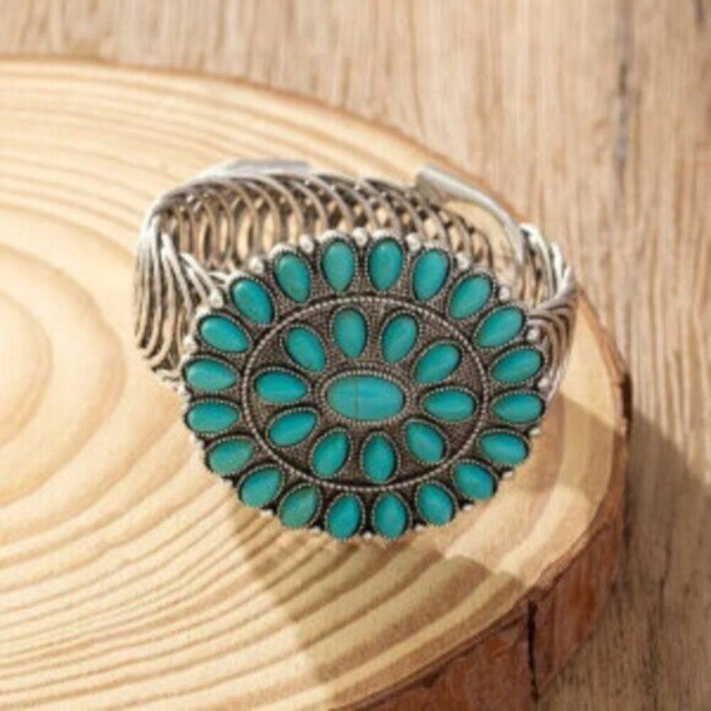 Turquoise Silver Plated Sunflower Adjustable Cuff Bracelet